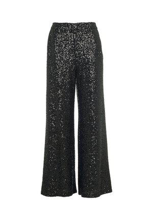 Black, wide-leg pants covered in sparkling sequins, featuring a high waistband and a smooth texture, suitable for formal occasions.