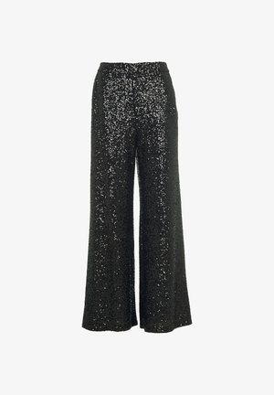 Black, wide-leg pants covered in sparkling sequins, featuring a high waistband and a smooth texture, suitable for formal occasions.