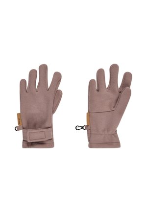 Pair of light brown fleece gloves with adjustable wrist straps and small black clip attachments on each glove.