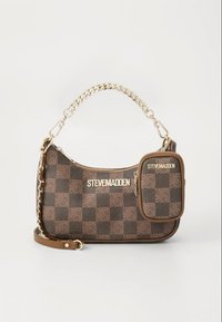 Brown checkered handbag with a chain link strap and a removable side pouch. Features gold-tone hardware and a zip closure.