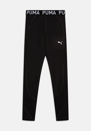 Fekete sport leggings széles derékpánttal, amelyen a "PUMA" márkaneve szerepel. Fehér logóval és texturált varrásokkal a tervezési részletekért.