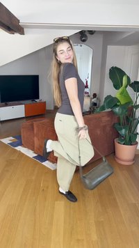 Zelene nabirane hlače, siva oprijeta srajca in črne čevlje. Nosilec ima črno torbico. Ozadje vključuje kavč in lonec z rastlino.