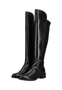 Botas de cuero negro hasta la rodilla con suela plana, que presentan un diseño elegante, un ligero brillo y un cierre de cremallera en el lateral para un fácil acceso.