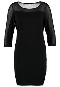 Robe noire avec une coupe ajustée, manches 3/4 en voile transparent et encolure dégagée. Confectionnée dans un tissu lisse et léger. Longueur courte.