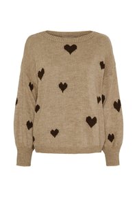 Beige strikket sweater med rund hals og lange ærmer, prydet med brune hjerte mønstre overalt. Blød tekstur og afslappet pasform.