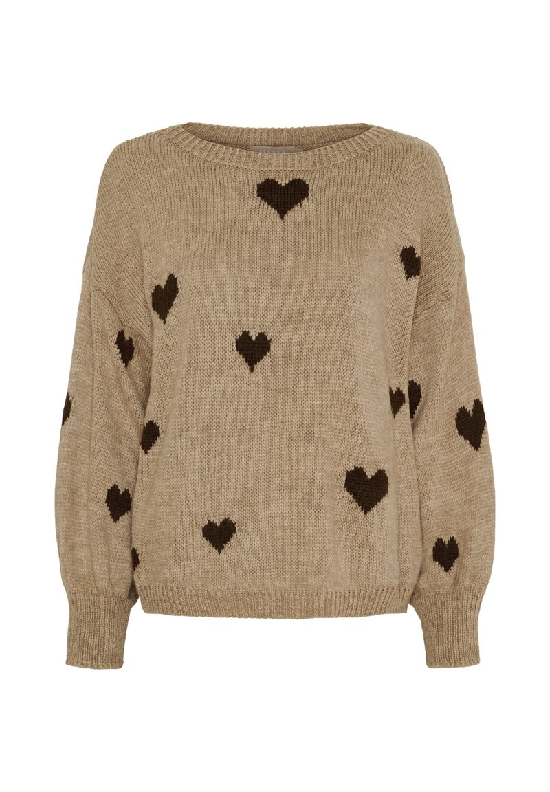 Beige strikket sweater med rund hals og lange ærmer, prydet med brune hjerte mønstre overalt. Blød tekstur og afslappet pasform.