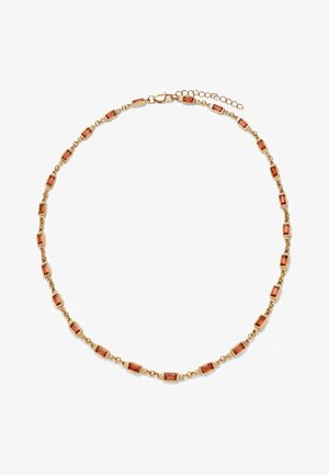 Goldene Halskette mit rechteckigen, bernsteinfarbenen Steinen, die gleichmäßig entlang der Länge verteilt sind, und einem Karabinerverschluss mit Verlängerungskette.