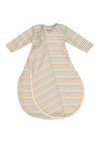 Striped sleep sack in soft cotton, featuring pastel colors: peach, green, yellow, and white. Long sleeves and rounded bottom design.