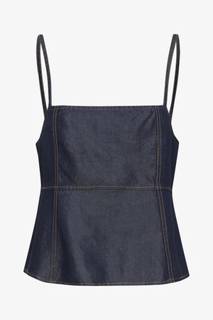 Dunkelblauses denim ärmelloses Oberteil mit quadratischem Ausschnitt, eckigen Abschnitten und sichtbaren Nähten. Flache, glatte Textur.