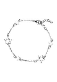 Srebrna bransoletka z przeplatanymi kształtami gwiazd w otwartych i solidnych wzorach, połączona delikatnym łańcuszkiem i zapinana na zamek typu lobster.