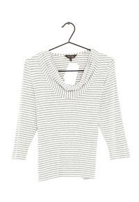 Gestreepte shirt met een cowl-halslijn, gemaakt van lichtgewicht stof. Heeft grijze en witte horizontale strepen en driekwart mouwen.