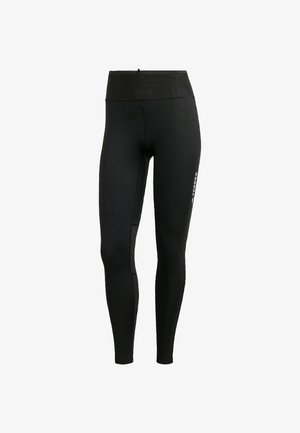 Leggings atléticos pretos feitos de um tecido elástico, com uma cintura larga, painéis em rede e um bolso lateral discreto.