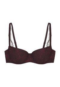 Bordowa koronkowa biustonosz z wyprofilowanymi miseczkami, regulowanymi ramiączkami i kwiatowym wzorem. Falbany koronkowe po bokach dodają szczegółowej tekstury.