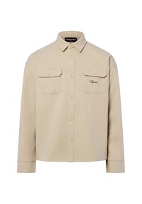 Beige Hemd zum Knöpfen aus weichem, strukturiertem Stoff, mit zwei Brusttaschen und einem kleinen, rechtsseitig gestickten Logo.