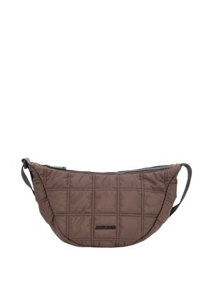 Brun quiltet stof talje taske med sort lynlås og justerbar sort rem, med "Joch Jeans" logo foran i midten.