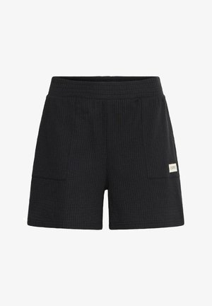 Črne rebraste kratke hlače z elastičnim pasom, dvema stranskima žepoma in majhnim oznako blagovne znamke spredaj. Strukturalna tkanina.
