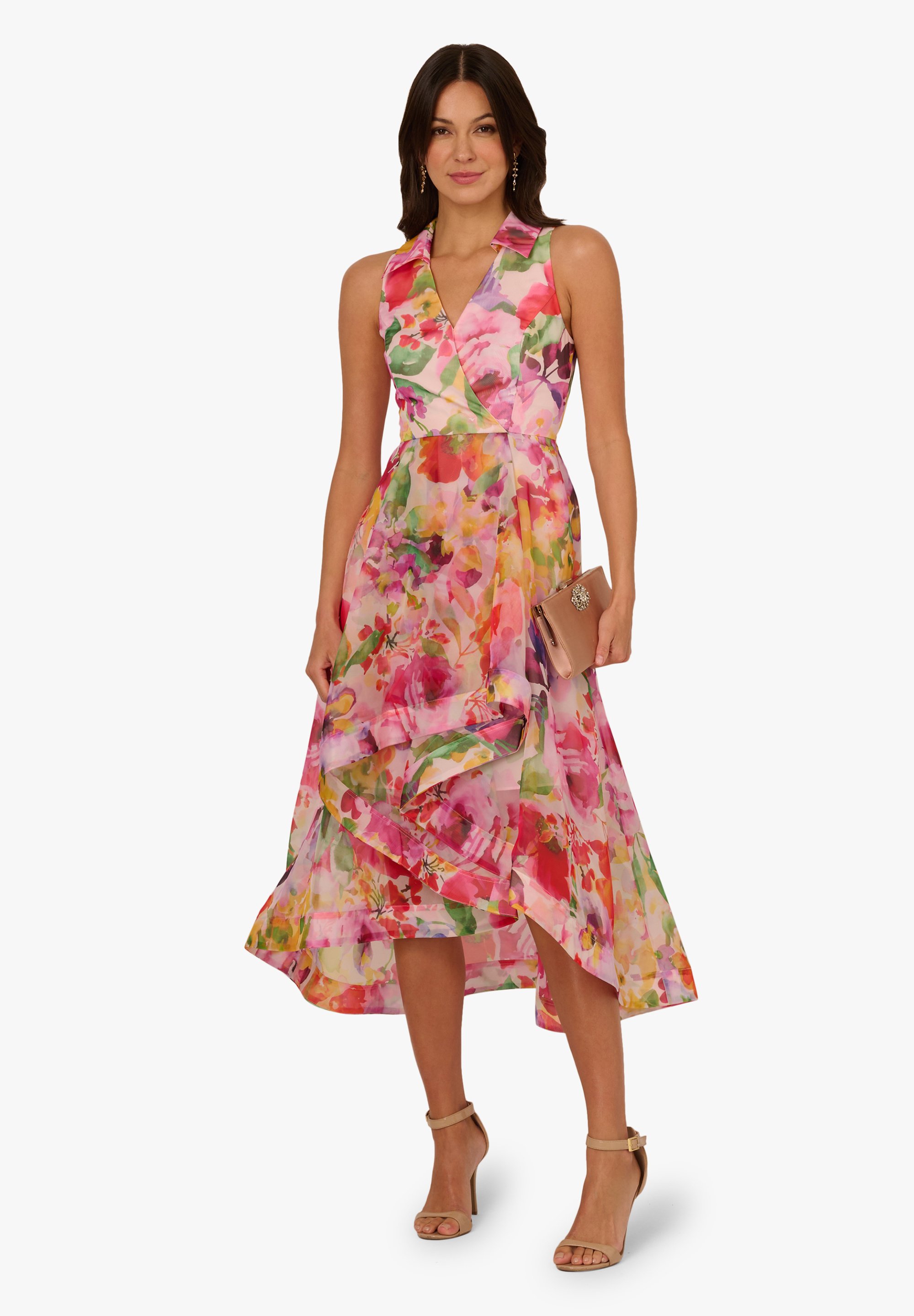 【海外限定】AdriannaPapell ドレス☆Pink Printed High Low Dre Multicolor Metallic Floral Print Jacquard High Low Gown With