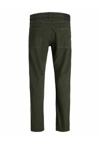 Olive green cotton pants with a straight cut, featuring two back pockets and a waistband. No visible patterns or hardware details.