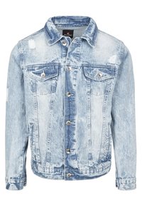 Vaaleansininen farkkutakki, jossa on haalistunut muotoilu, kaksi rintataskua, nappikiinnitys ja kuluneet yksityiskohdat kankaassa.