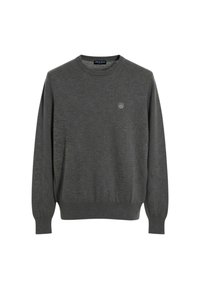 Maglione grigio scuro in tessuto morbido con scollo rotondo e polsini a coste. Presenta un piccolo logo sul petto.