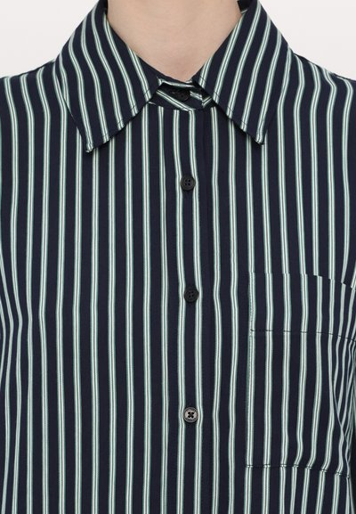 Navy button-up shirt with vertical white and light green stripes, a standard collar, and a left chest pocket. Textured fabric.