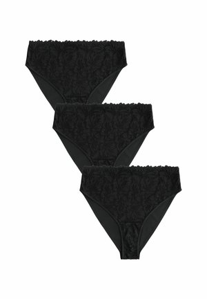 Chiloți negri din dantelă cu model floral, material elastic și talie cu margine ondulată. Se vând într-un set de trei, având o parte interioară netedă.