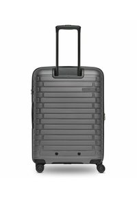 Hartschalenkoffer in Dunkelgrau mit horizontaler Rippstruktur, ausziehbarem Griff und vier Spinner-Rädern für eine einfache Mobilität.