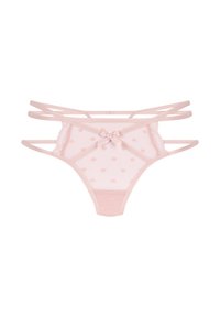 Roze doorschijnende string met hartpatronen, voorzien van meerdere slanke banden en een strikdetail in het midden. Delicaat kant trim accentueert de randen.