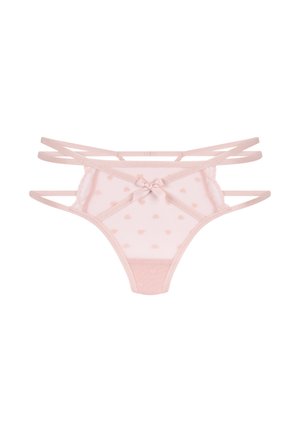 Roze doorschijnende string met hartpatronen, voorzien van meerdere slanke banden en een strikdetail in het midden. Delicaat kant trim accentueert de randen.