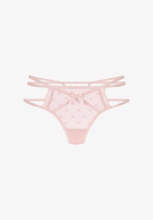 Roze doorschijnende string met hartpatronen, voorzien van meerdere slanke banden en een strikdetail in het midden. Delicaat kant trim accentueert de randen.