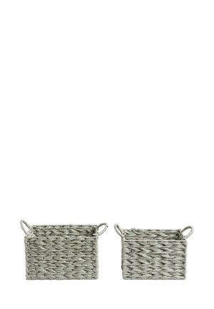 Two gray woven rectangular storage baskets with handles on each side, shown against a white background.