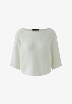 Weißer, kurzärmeliger Strickpullover mit rundem Ausschnitt und dezentem vertikalem Zopfmuster vorne.