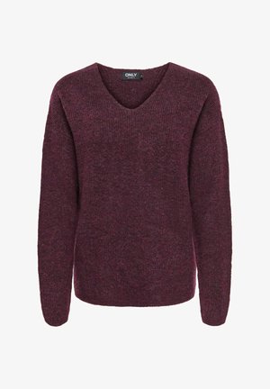 Burgundy knitted sweater with a V-neck, long sleeves, and a relaxed fit. Made from soft, textured fabric with a subtle pattern.