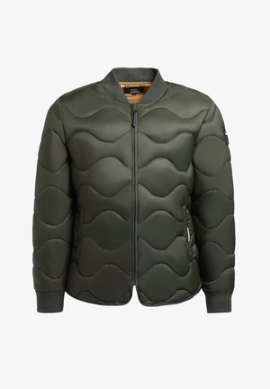 Green, padded bomber jacket with wavy quilt pattern, zip closure, ribbed cuffs, and side pockets. Waterproof material with a smooth texture.