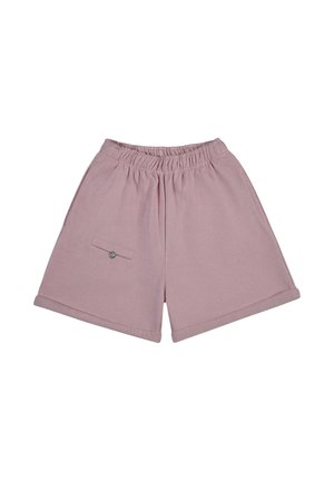 Shorts rose clair à taille élastique avec une petite poche boutonnée sur le côté gauche et des ourlets retournés.