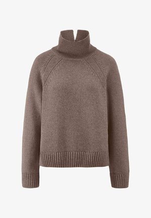 Brauner Strickpullover mit hohem geripptem Kragen und Raglanärmeln. Verfügt über einen strukturierten Stoff sowie gerippte Säume und Bündchen. Klassische Passform.