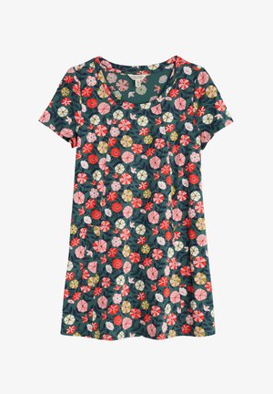 Rövid ujjú ruha kerek nyakkivágással, sötétzöld alappal, amelyet piros, rózsaszín, fehér és sárga árnyalatokban pompázó, színes virágmintázat díszít.