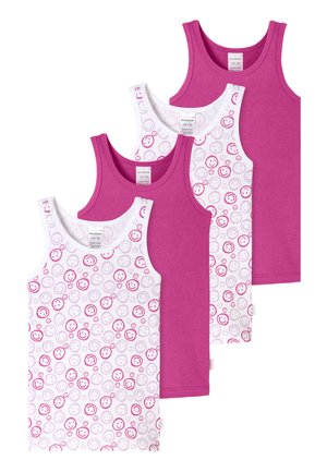 Cztery bezrękawniki dziecięce, dwa w jednolitym kolorze magenta oraz dwa białe z różowo-szarymi wzorami uśmiechniętych buziek, ułożone częściowo na siebie.