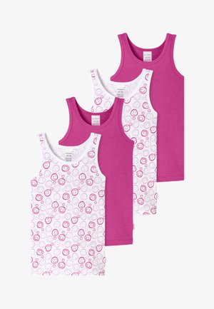 Quattro canottiere senza maniche per bambini, due di colore magenta uniforme e due bianche con motivi di faccine sorridenti rosa e grigie, disposte sovrapposte.