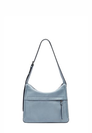 Light blue leather shoulder bag with a zippered top, front pocket, and adjustable strap. Smooth texture and minimalist design with logo detail.