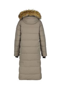 Lång pufferjacka i taupe med en pälsfodrad huva, kviltad textur och långa ärmar. Har ribbade muddar och rak passform.