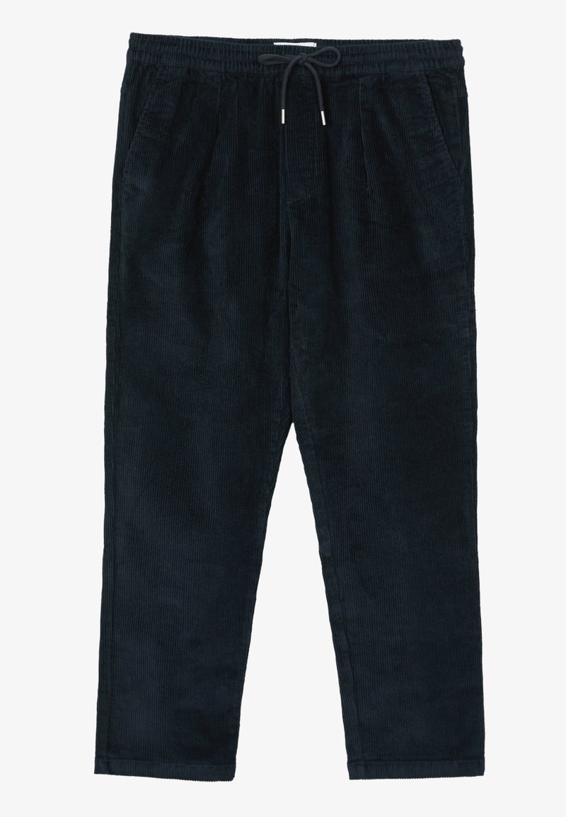 Pantalon en velours côtelé bleu marine foncé avec une coupe décontractée, taille élastique, cordon de serrage ajustable et poches latérales. Texture côtelée verticale.