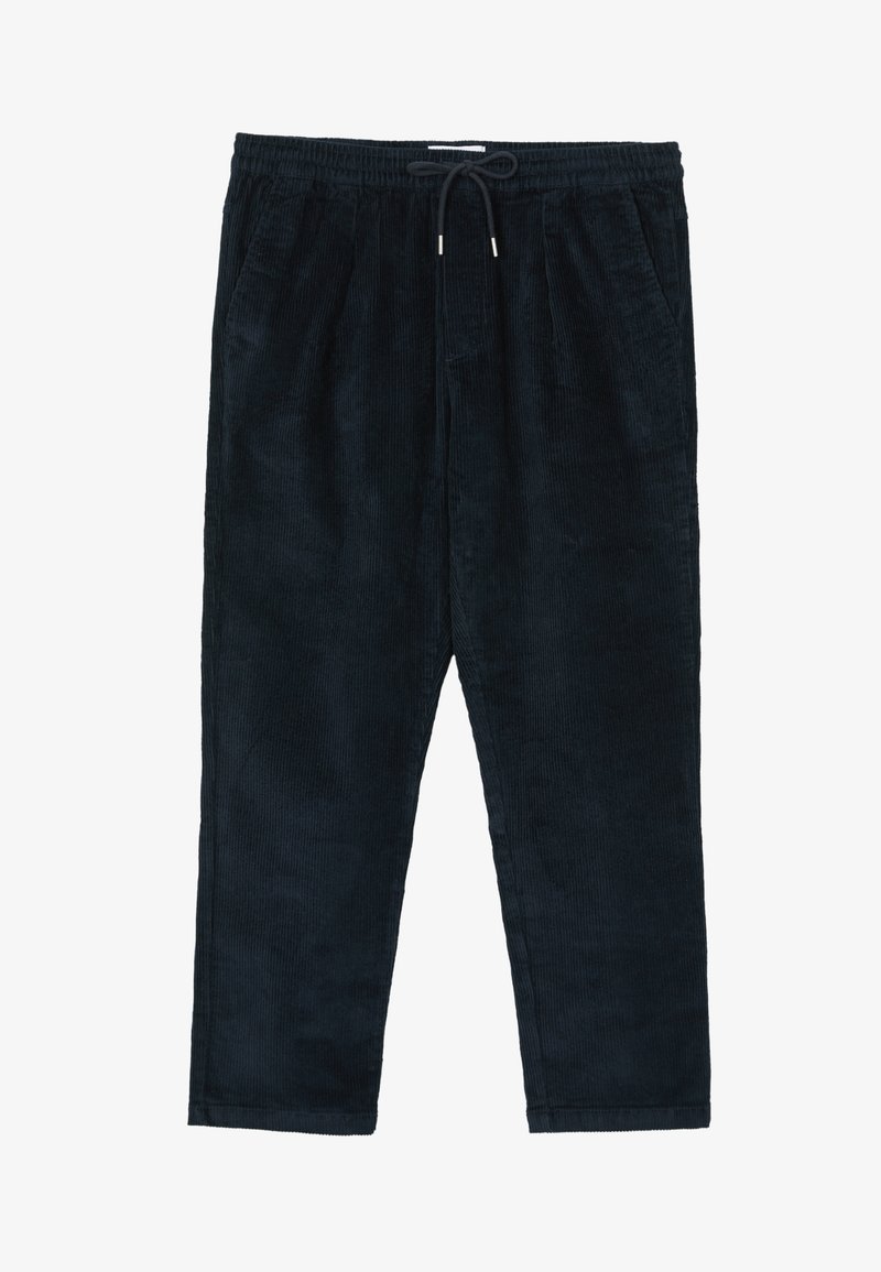 Pantalon en velours côtelé bleu marine foncé avec une coupe décontractée, taille élastique, cordon de serrage ajustable et poches latérales. Texture côtelée verticale.