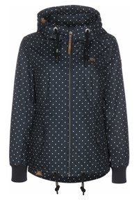 Marinblå jacka med prickar, huva, dragkedjestängning, dragsko i nederkant och ribbade ärmslut. Har två sidofickor och läderdetaljer.