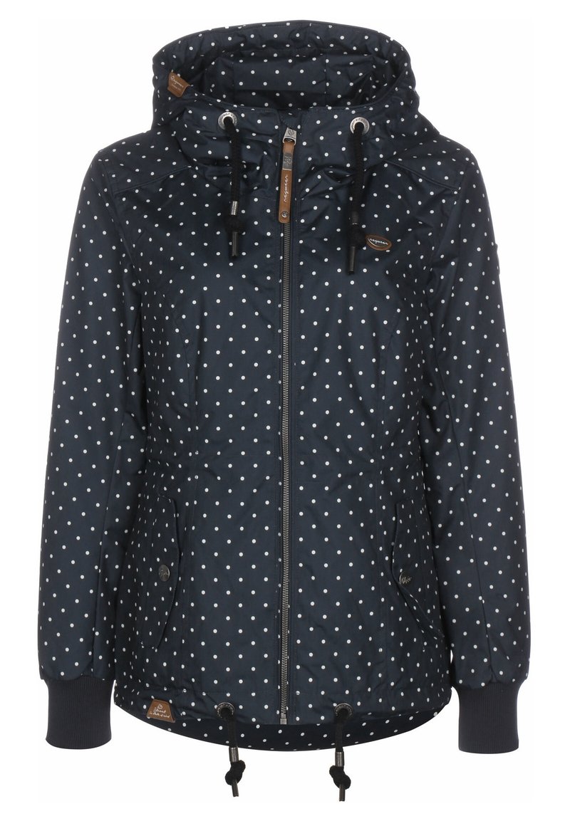 Marinblå jacka med prickar, huva, dragkedjestängning, dragsko i nederkant och ribbade ärmslut. Har två sidofickor och läderdetaljer.