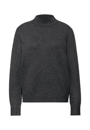 Mørkegrå turtleneck sweater, lavet af et struktureret strikmateriale, med lange ærmer og ribkant ved forneden og kraven.