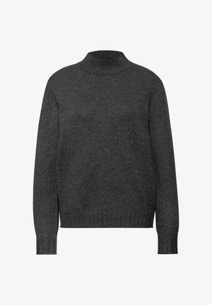 Mørkegrå turtleneck sweater, lavet af et struktureret strikmateriale, med lange ærmer og ribkant ved forneden og kraven.