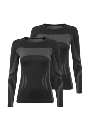 Zwei schwarze, langärmlige Sportoberteile mit grauen Konturmuster auf Ärmeln, Brust und Seiten, vorderseitig auf weißem Hintergrund gezeigt.