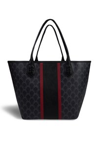 Black tote bag with quilted pattern, featuring a central black panel and red vertical stripes. Double handles and textured accents.