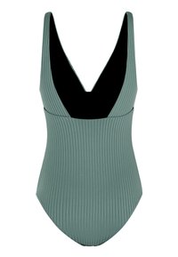 Costume da bagno intero in tessuto verde testurizzato, caratterizzato da un profondo scollo a V, spalline larghe e design a righe verticali.